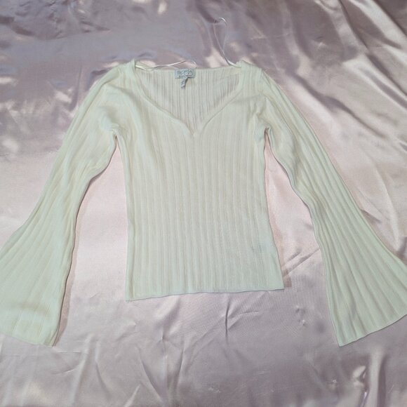 Sofia Size M Sheer Sweetheart Neck Sweater with Notched Stripes Winter White - Picture 2 of 14